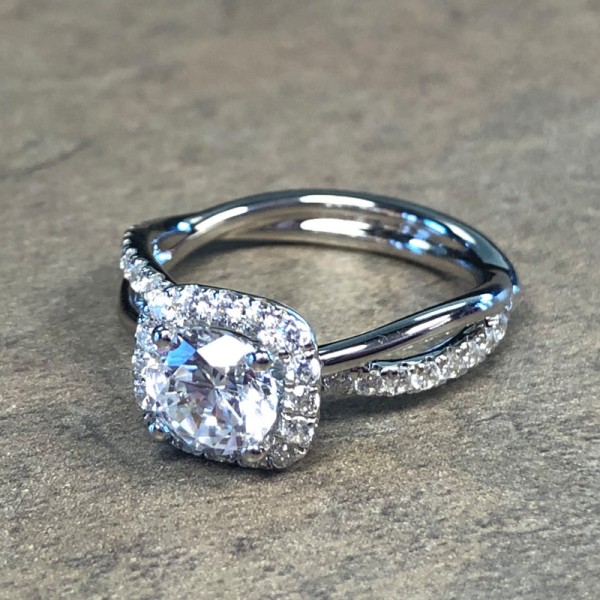 14K White Gold Twisting Halo Engagement Ring